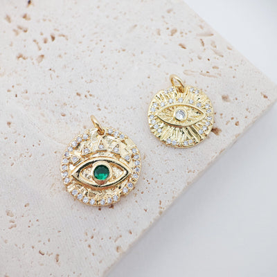 Cubic Evil Eye Charm, 18K Gold Plated Micro CZ Pave Round Pendant, 15mm, Necklace Making Charm, Jewelry Findings S129