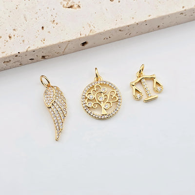 Wings Pendant, Tree of Life Pendant, Balance Pendant, 18K Gold Plated, CZ Pave, Necklace Making Charm, Jewelry Findings S1272