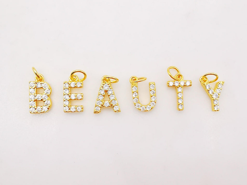Dainty Cubic Alphabet Letter Charm, 18K Gold Plated CZ Micro Pave Initial Pendant, 8mm, Necklace Bracelet Earring Making S904
