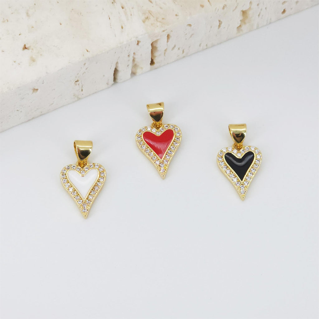 Heart Shape Charm, 18K Gold Plated Red Enamel Pendant, CZ Pave Necklace Making Charm, Jewelry Findings S20823