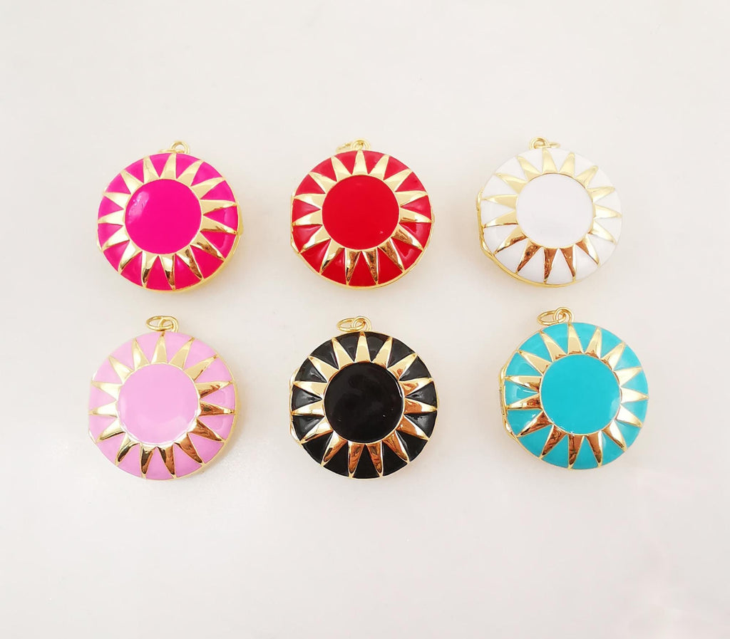 Locket Charm, Enamel Sun, 18K Gold Plated Round Pendant, 25mm, Necklace Making Charm, Jewelry Findings S20296