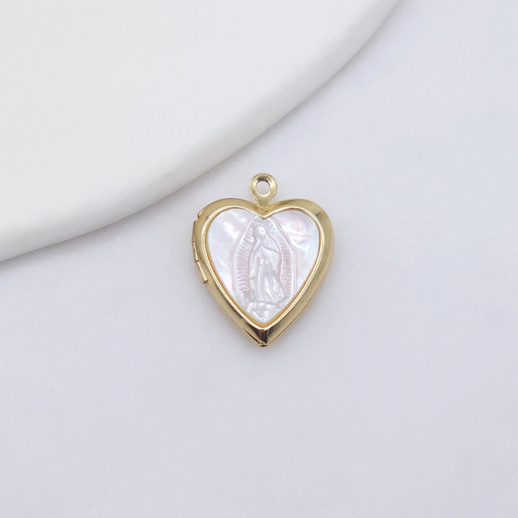 Saint Maria Heart Locket Charm, Religious Pendant, Shell Pave, 18K Gold Plated, Our Lady Pendant, Vintage Necklace Making Charm S20603