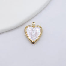 Load image into Gallery viewer, Saint Maria Heart Locket Charm, Religious Pendant, Shell Pave, 18K Gold Plated, Our Lady Pendant, Vintage Necklace Making Charm S20603