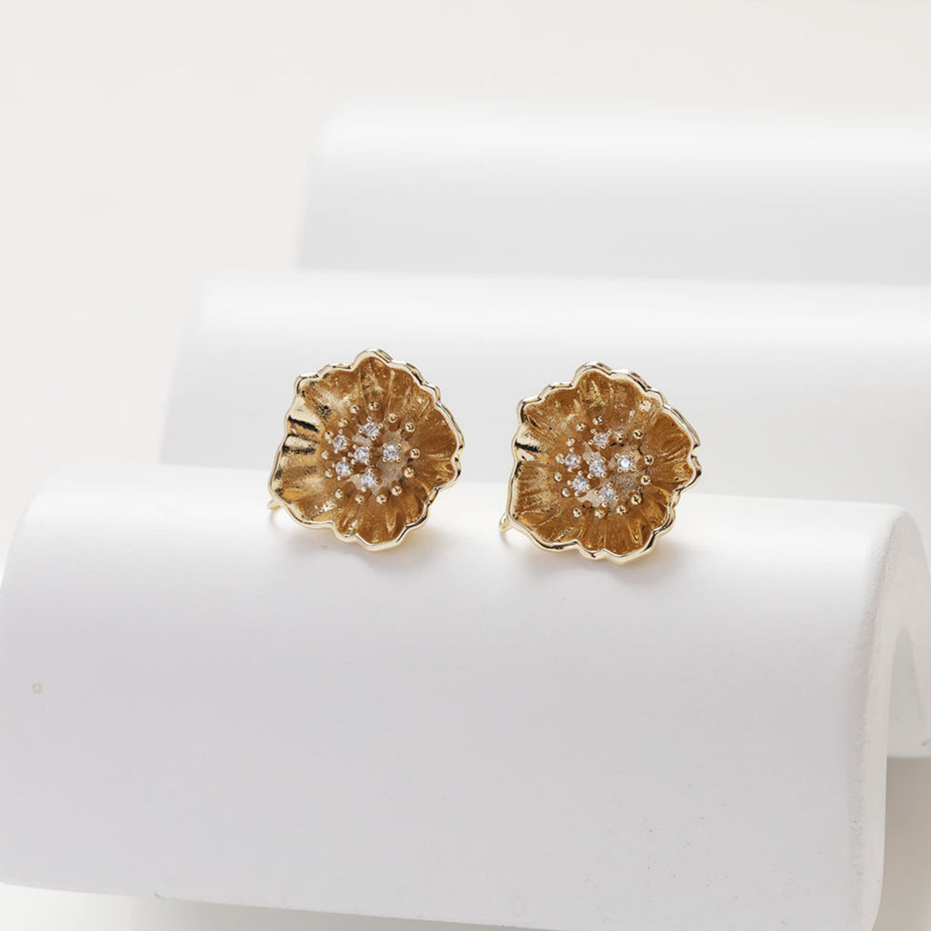 Cubic Flower Earring Post with Loops, S925 Silver Pin Nickel Free Earrings, CZ Pave Ear Stud Loop, Hypoallergenic Earring Findings BB045