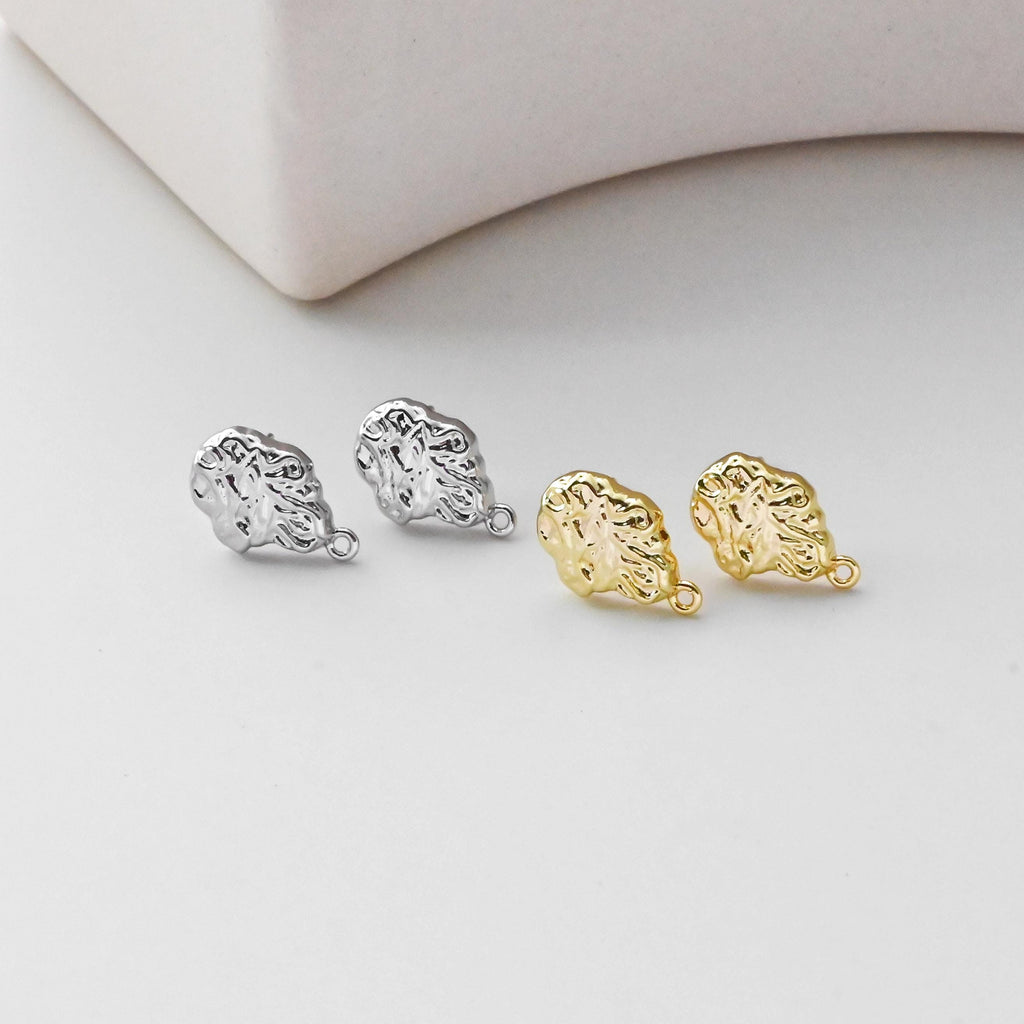 Irregular Pleated Post with Loop, 18K Gold Plated, S925 Silver Pin Nickel Free Earrings, Hypoallergenic Earring Findings D0442