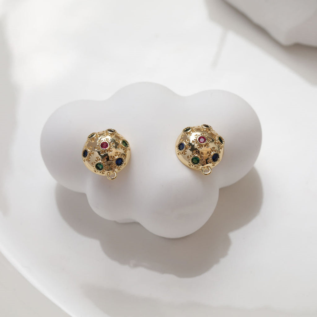 Round Pave Colored CZ Earring Post, S925 Silver Pin, 14K Gold/Silver Plated, Nickel Free Earrings, Irregular Shape Ear Stud with Loop GZ109