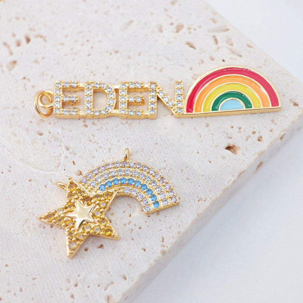 Star&Rainbow Charms, Pave Cubic Star Pendant, 24.5mm, 18K Gold Plated, Necklace charms, Jewelry Findings S20428