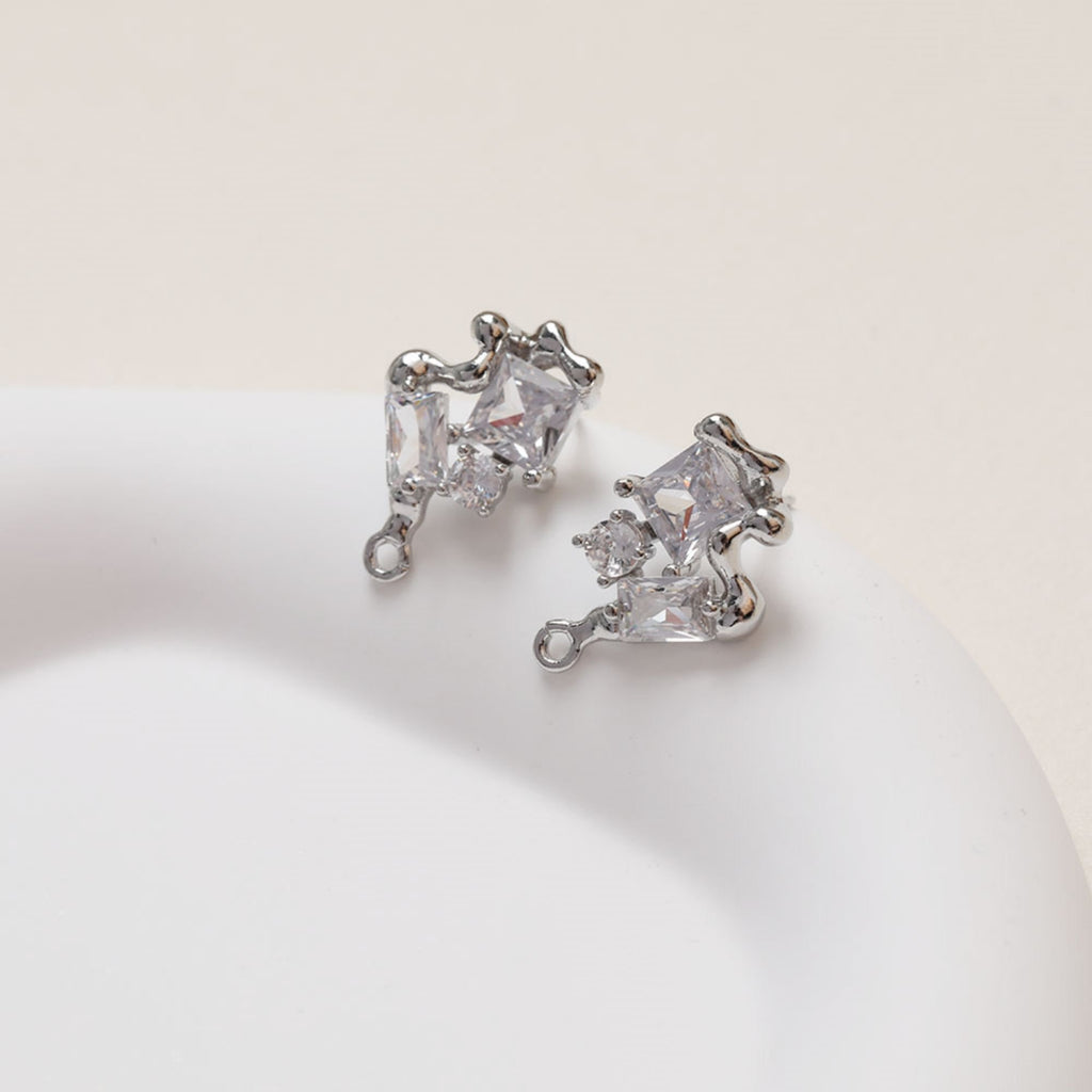 Irregular Pave CZ Earring Post, 14K Gold/Silver Plated,  S925 Silver Pin Nickel Free Earrings, Hypoallergenic Earring Findings GZ124