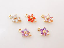 Load image into Gallery viewer, 5pcs Flower Connector Charm with loops, Multicolour Cubic Pave Pendant, Bracelet Necklace Making, Gold Plated Jewelry Findings L001-F258