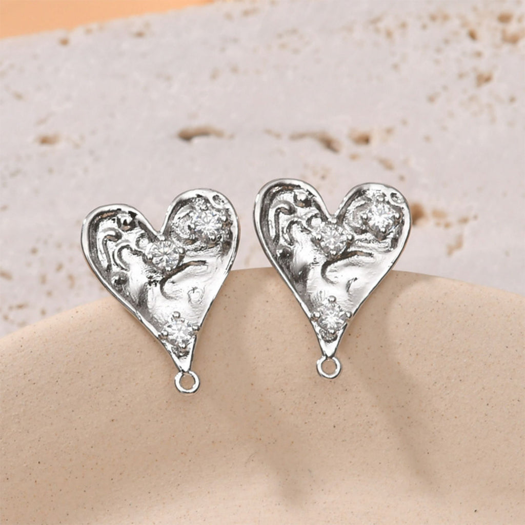 Gold Polished love heart CZ Earring Post,  14K Gold Nickel Free Earrings, S925 Silver Ear Pins, 19mm, Heart Shape Ear Stud with Loop LL239