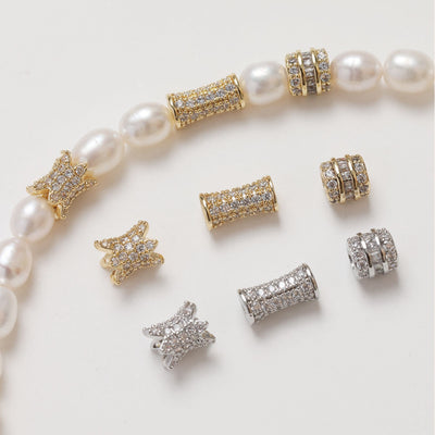 Cylindrical Cubic Spacer Beads, 14K Gold Plated, Cubic Zirconia, 3D Flower Beads, Dainty Earring Making Beads, Jewelry Finding GZ355