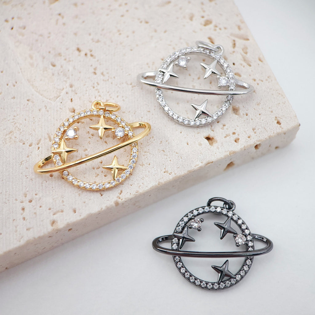 Saturn Planet Charms, Clear Cubic Planet Pendant, 18K Gold Plated, Necklace Making Charms, Jewelry Findings S725