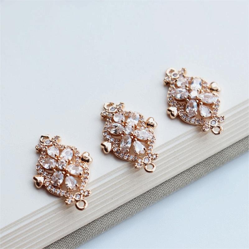 Flower Connector Charm, Cubic Zircon Crystal Flower Pendant, Real Gold Plated Brass Earring Charms, Jewelry Findings JY062-F157