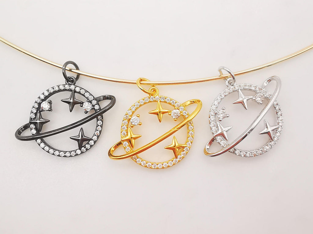 Saturn Planet Charms, Clear Cubic Planet Pendant, 18K Gold Plated, Necklace Making Charms, Jewelry Findings S725