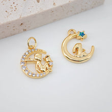 Load image into Gallery viewer, Bunny &amp; Moon Charm, 18K Gold Plated Pendant, CZ Pave Animal Charm, 16.3*13.6mm, Necklace Jewelry Finding S20651