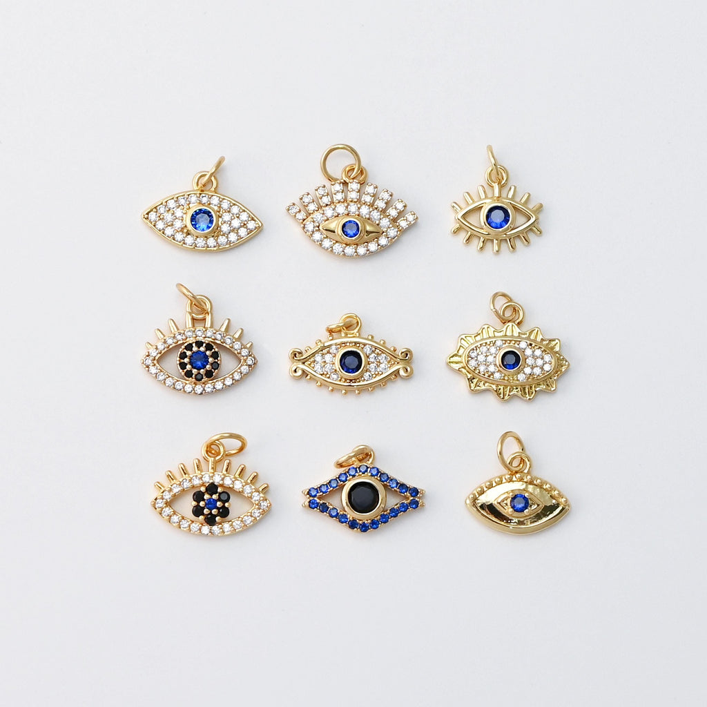 Cubic Evil Eye Charm, 18K Gold Plated Micro CZ Pave Eye Collection Pendant Necklace Making Charm, Jewelry Findings S20221