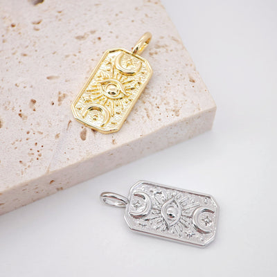 Gold Evil Eye Card Charms, Micro CZ Pave Moon and Star Pendant, 18K Gold Plated Brass, Necklace Making Charms, Jewelry Findings S1005