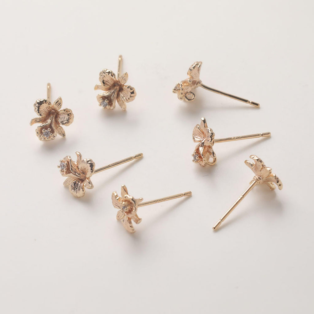 Cubic Zirconia Flower Post Earrings, Gold Plated Earring Post with Loop, Hypoallergenic, Handmade Earring Finding,DIY Earring Supplies GZ766