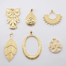 Load image into Gallery viewer, Boho Big Pendant, Openwork Charm, Owls, Leaf, Semicircular, Round, 18K Gold Plated, Necklace Making Charm, Jewelry Findings S1160