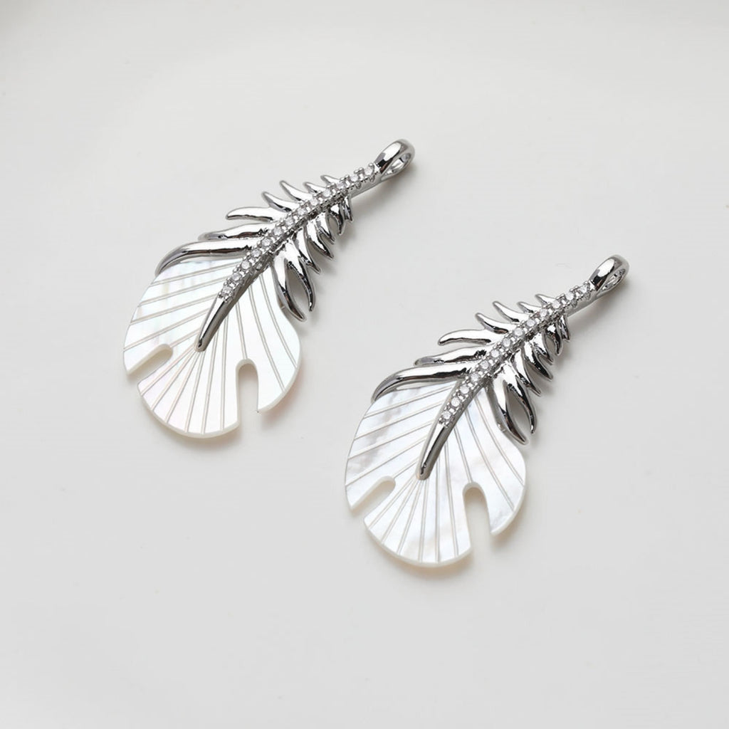 Feather Shell Pendant, Real Gold/Silver Plated, CZ Pave, Jewelry Making Findings GZ533