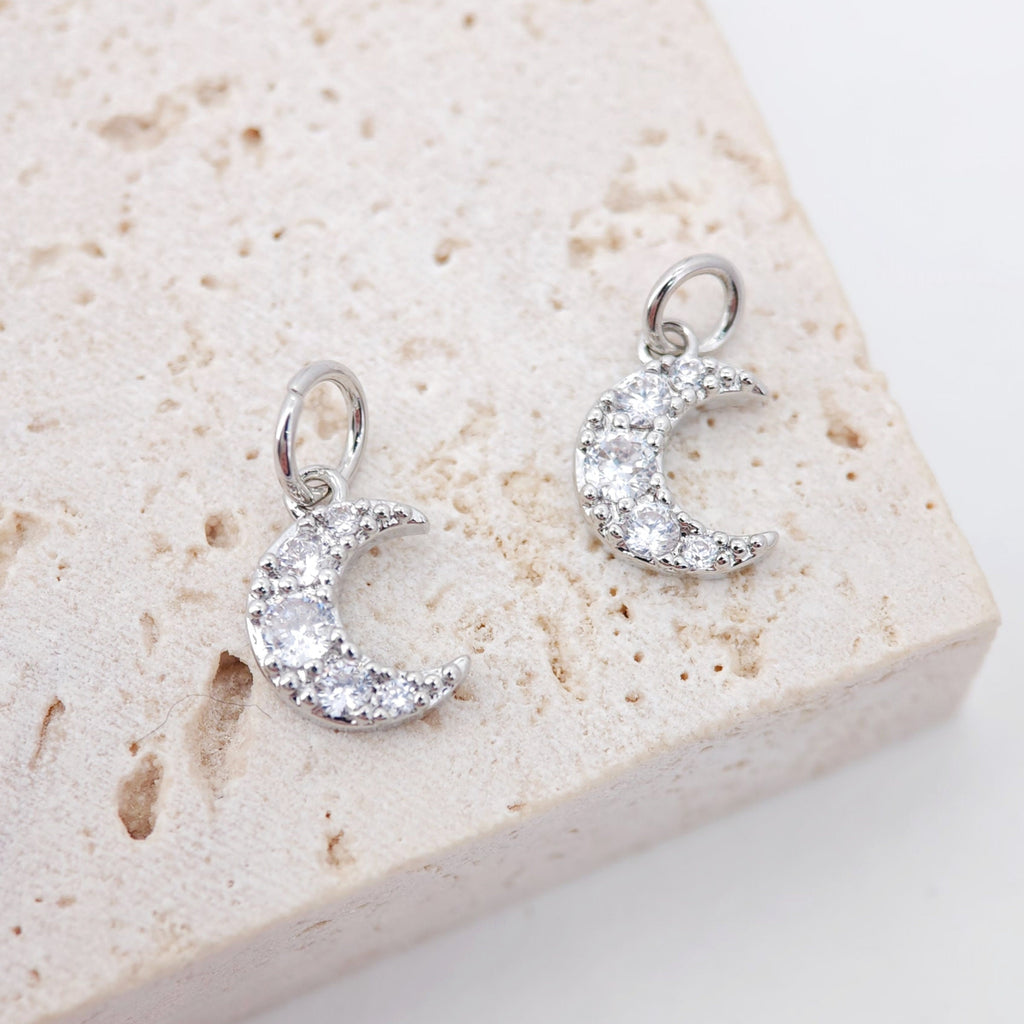 Tiny Cubic Crescent Moon Charm, 18K Gold Plated Moon Pendant, Clear Micro CZ Pave Horn Charms, 8x7mm, Jewelry Findings S772