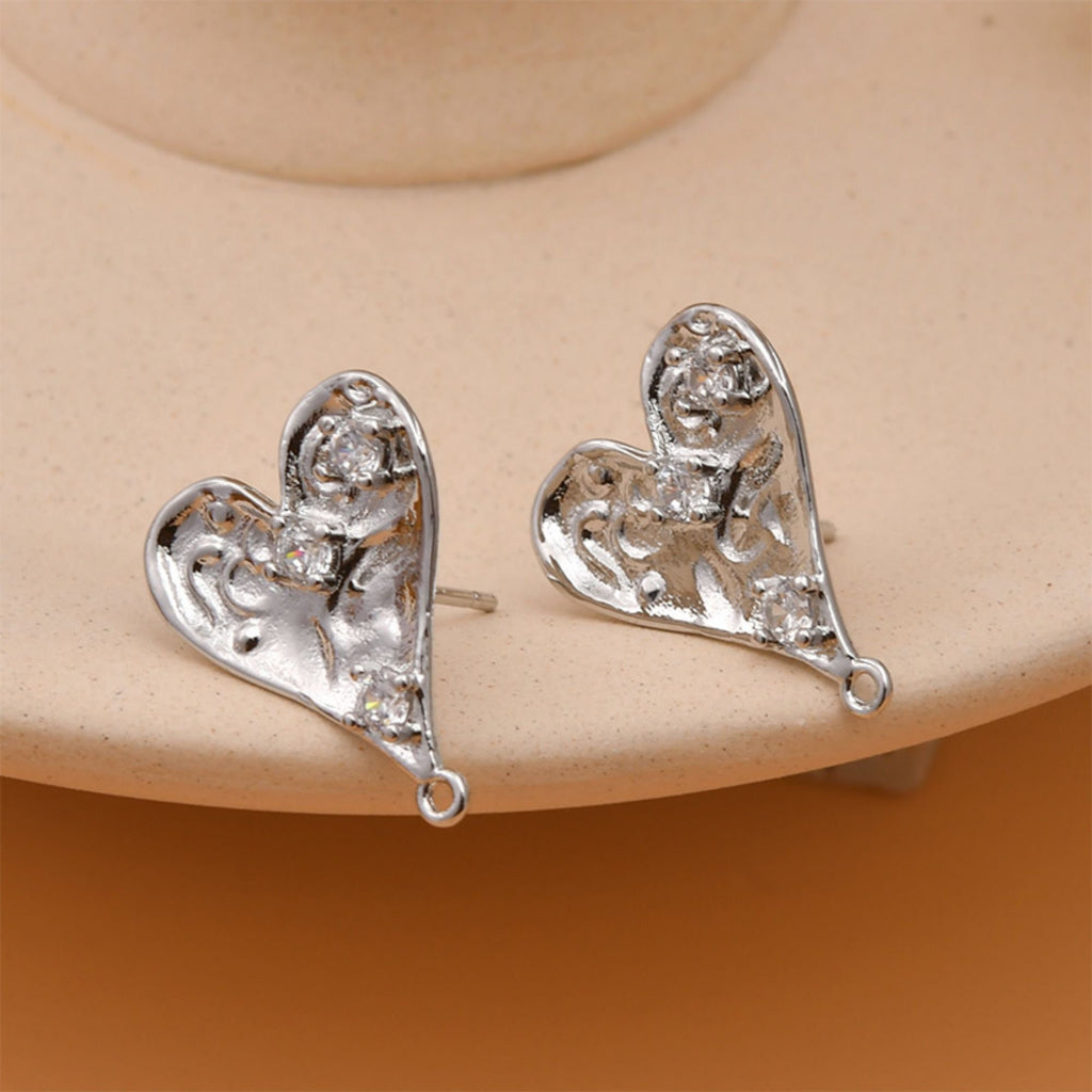 Gold Polished love heart CZ Earring Post,  14K Gold Nickel Free Earrings, S925 Silver Ear Pins, 19mm, Heart Shape Ear Stud with Loop LL239