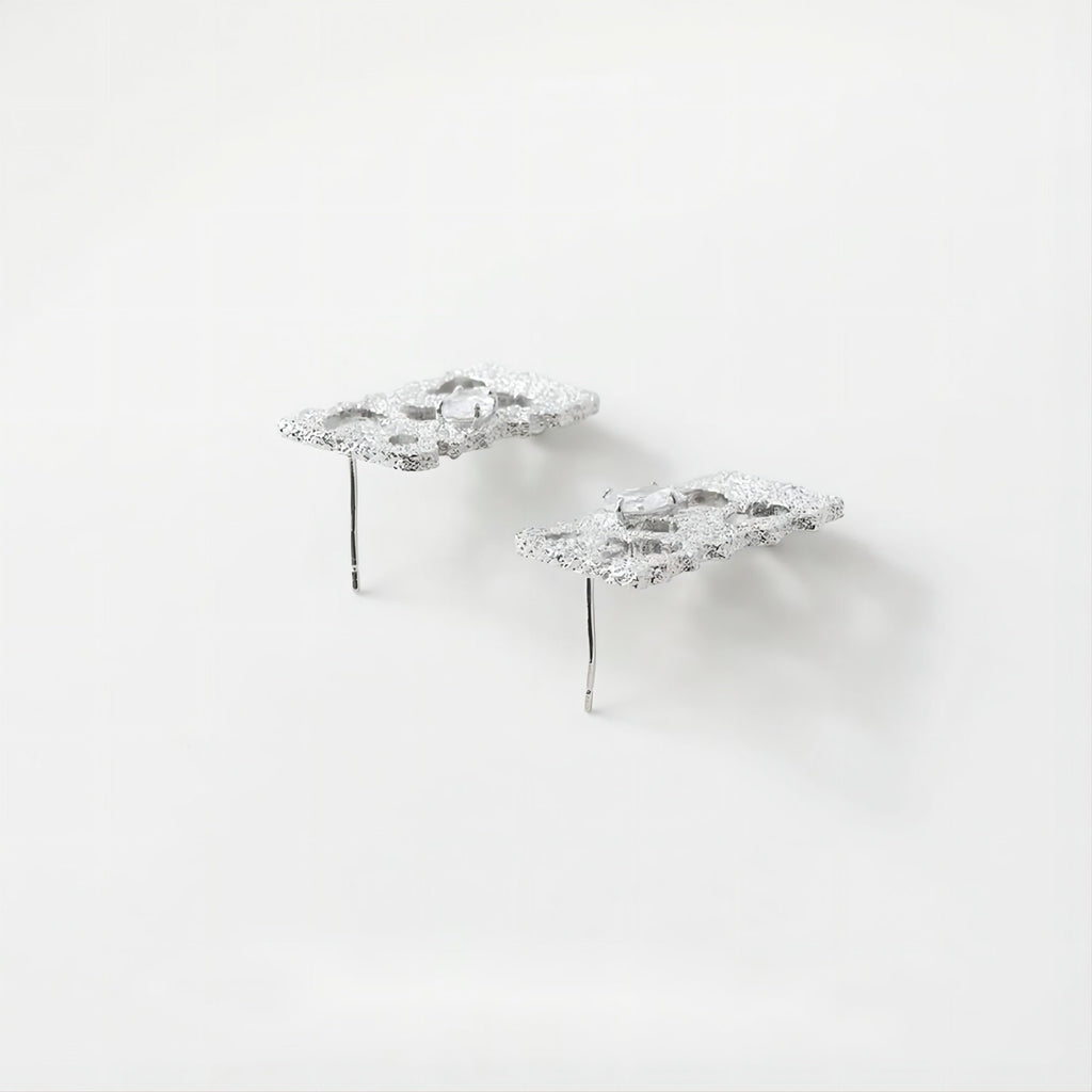 Frosted Rectangular Zirconia Earrings Post, 14K Gold/Silver, S925 Silver Pin Nickel Free Earrings, Knot Ear Stud with Loop GE026