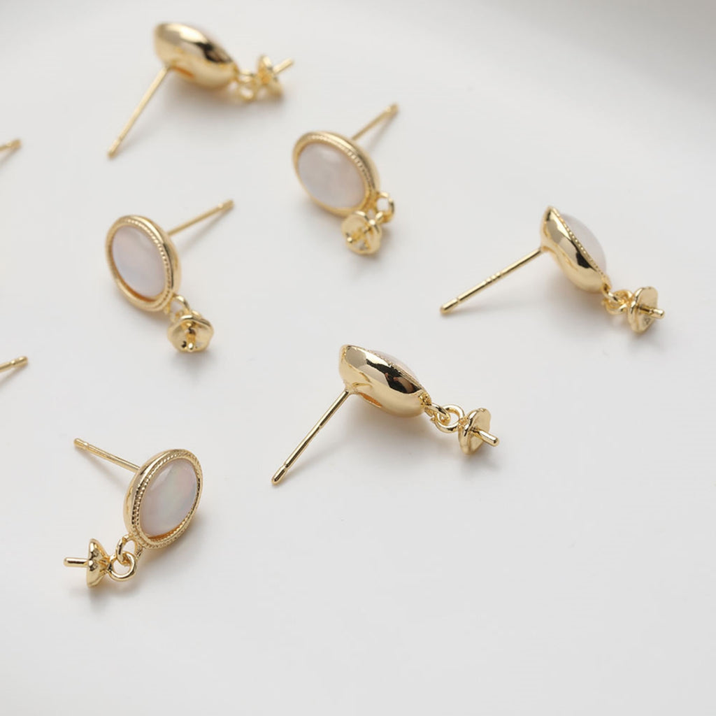 Oval Shape Post Earring, S925 Silver Ear Pin Nickel Free, MOP, Ear Stud with Peg Bail Caps for Half Drilled Earring Findings GZ502