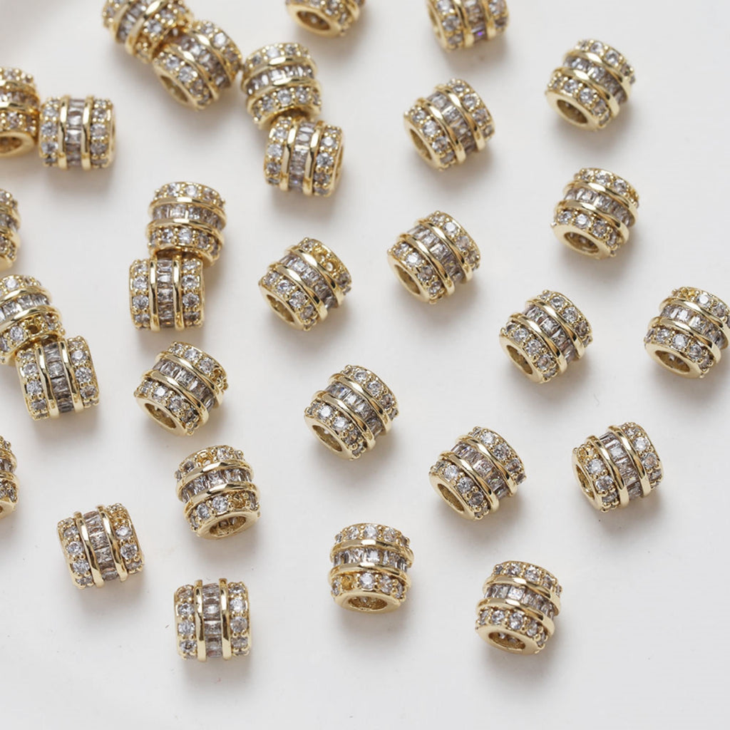 Cylindrical Cubic Spacer Beads, 14K Gold Plated, Cubic Zirconia, 3D Flower Beads, Dainty Earring Making Beads, Jewelry Finding GZ355