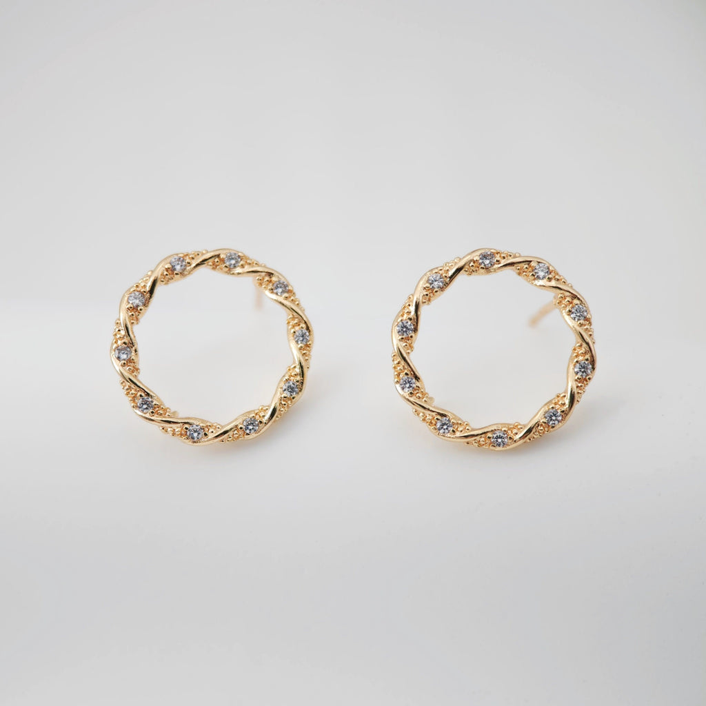 18K Gold Round Post With Loop, CZ Pave, S925 Silver Pin, Openwork Round Stud Nickel Free, 15mm, Hypoallergenic Earring Findings ZX205