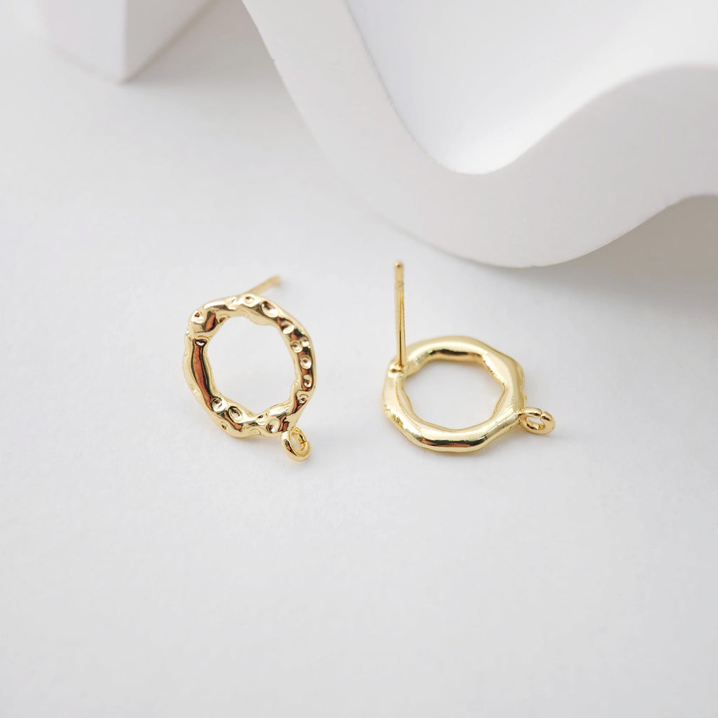 18K Gold Hammered Circle Post With Loop, S925 Silver Pin, Round Stud Earring Nickel Free, 14.6*11.5mm, Hypoallergenic Earring Findings D0231