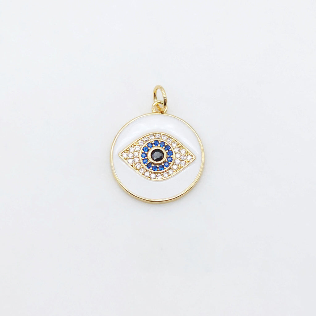 Enamel Cubic Evil Eye Charm, 18K Gold Plated Micro CZ Pave Round Pendant, 19mm, Necklace Making Charm, Jewelry Findings S20505