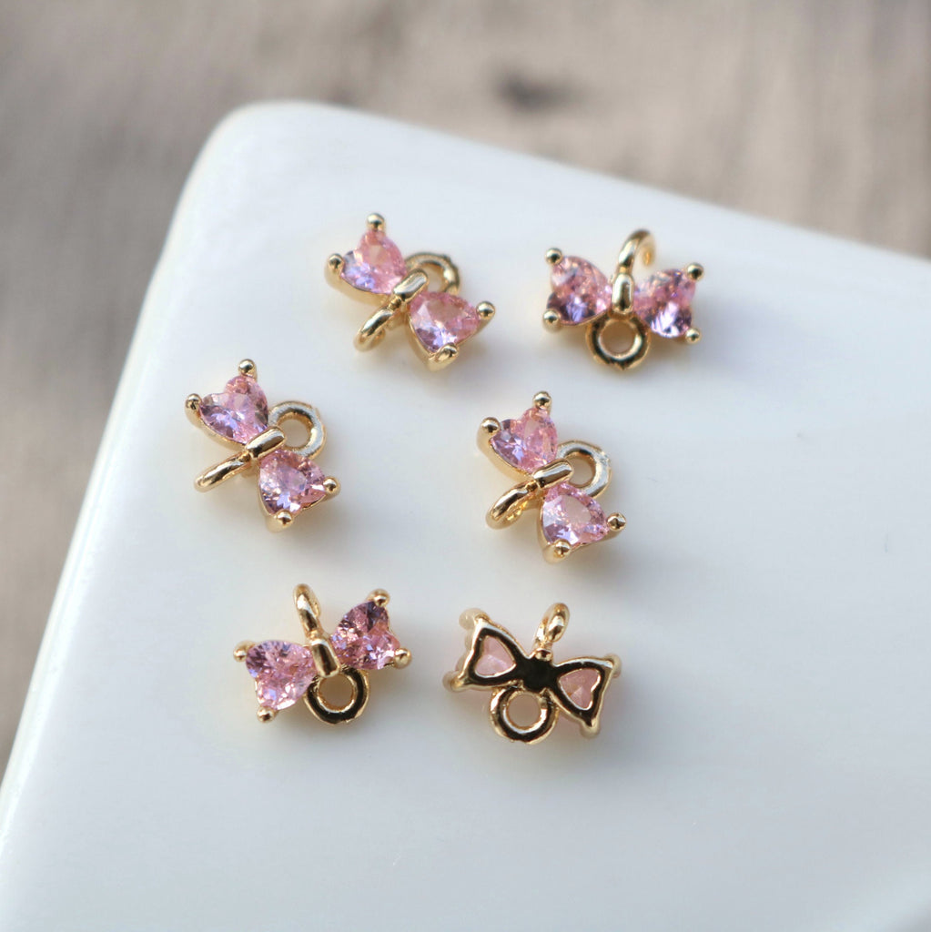 10pcs Tiny Bow Connector, 14k Gold CZ Pave Pendant, Bracelet Necklace Pendant, Real Gold Plated, Jewelry Findings HL105-F103