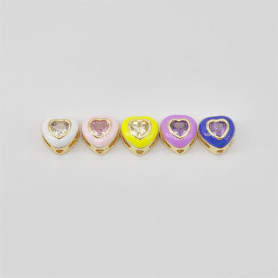 2pcs Enamel Heart Spacer Beads, 18K Gold Plated, CZ Pave Beads,  8mm, Heart Pendant, Jewelry Making Supplies S20663