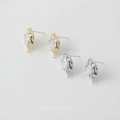 Irregular Zirconia Earring Post, 14K Gold/Silver, S925 Silver Pin Nickel Free Earrings, Eye Shape Ear Stud with Loop GE015