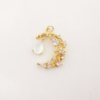 Dainty Crescent Moon Charm, CZ Pave Moon Pendant, Drop Crystal Multi Color, 18K Gold Plated, Necklace Pendant Findings S20276