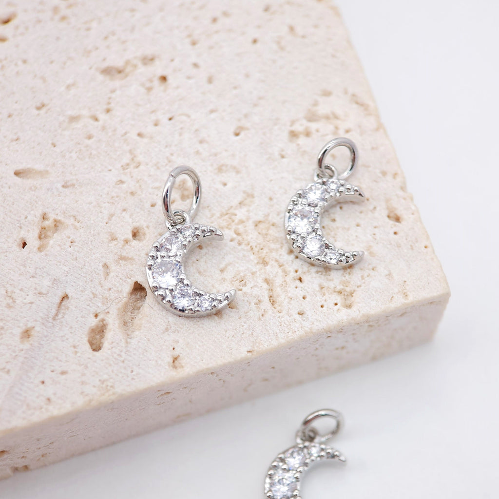 Tiny Cubic Crescent Moon Charm, 18K Gold Plated Moon Pendant, Clear Micro CZ Pave Horn Charms, 8x7mm, Jewelry Findings S772
