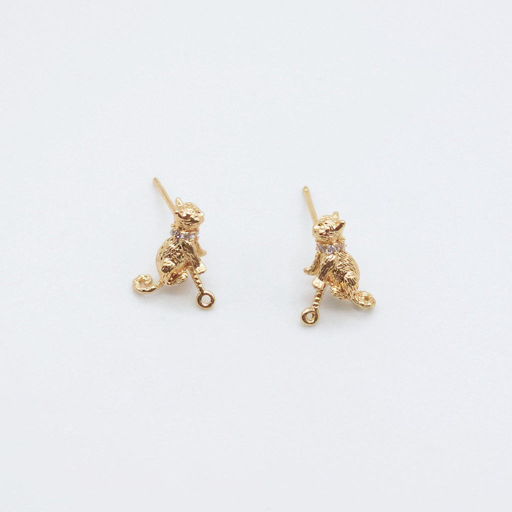 Cute Cat Earring Post, 18K Gold, S925 Silver Pin Nickel Free Earrings, Kitty Earring Animal Head Ear Stud with Loop ZX095