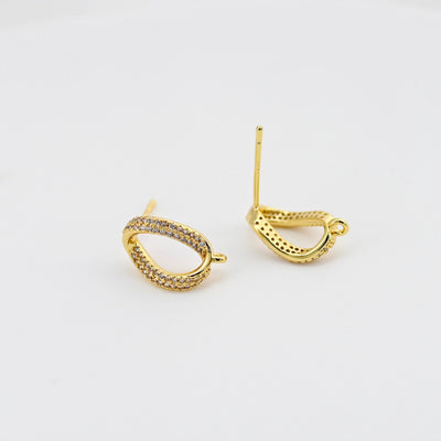 18K Gold Oval Post With Loop, CZ Pave, S925 Silver Pin, 13.5*8.6mm, Stud Earring Nickel Free, Hypoallergenic Earring Findings D0453