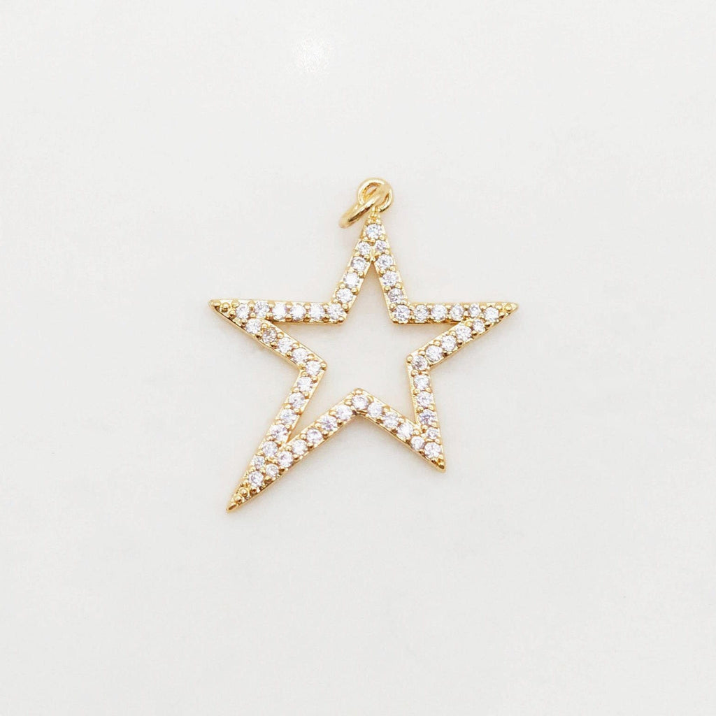 Openwork Star Charms, Pave Cubic Star Pendant, 25mm, 18K Gold Plated, Necklace charms, Jewelry Findings S20395