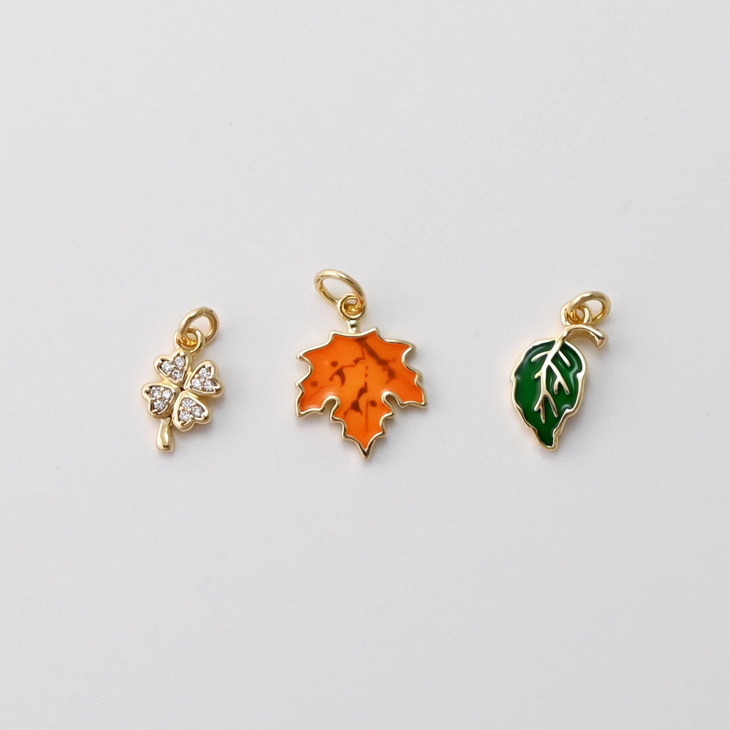 Enamel Four Leaf Clover/Maple Leaf/Leaf Pendant, CZ Charms, 18K Gold Plated Charms, For Bracelet And Necklace Making, Jewelry Findings S1436