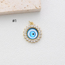Load image into Gallery viewer, Evil Eye Charm, Enamel Devil&#39;s Eye Charm, Pave CZ, Round Pendant, 18K Gold Plated, Necklace Making Charm, Jewelry Findings S1347