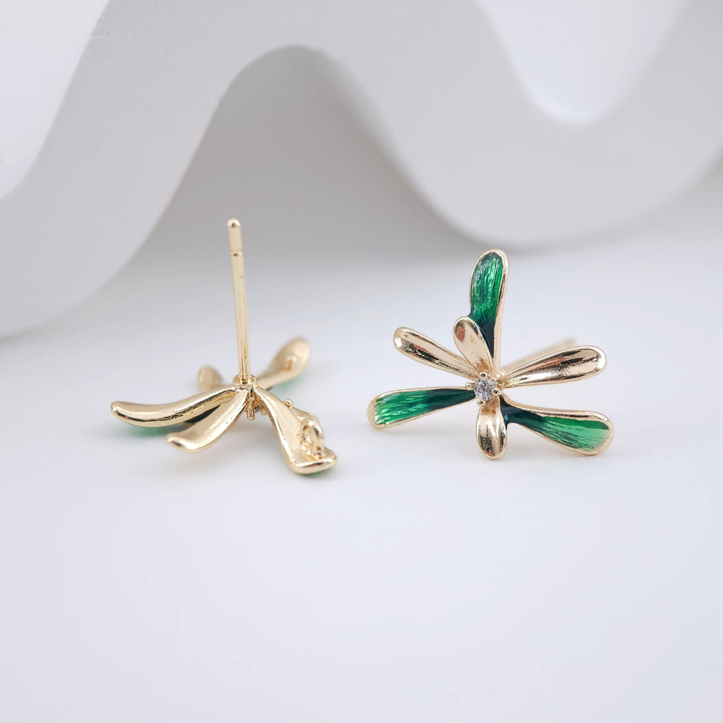 أعمدة أقراط على شكل زهور، عمود أقراط مطلي بالمينا الأخضر مع حلقة، أدوات يدوية للعثور على الأقراط، لوازم صنع الأقراط بنفسك ZX227