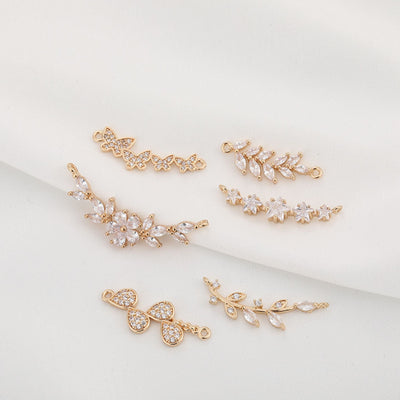 CZ Pave Leaf Connector, Cubic Zircon Crystal Leaves Pendant, Bracelet Necklace Pendant, 14K  Gold Plated Charm, Jewelry Findings R006-F095