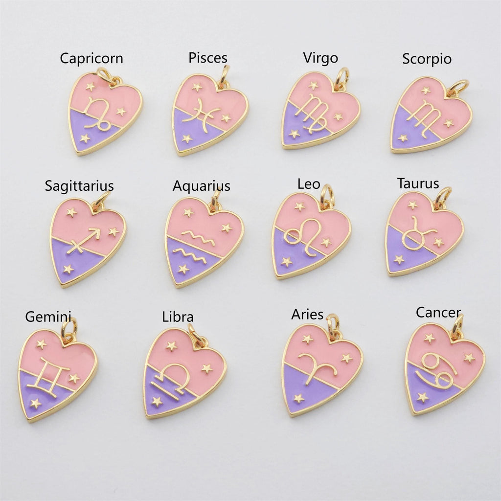 Zodiac Charms, Enamel Heart Constellation Pendant, 18K Gold Plated Zodiac Sign, Necklace Making Charms, Birthday Gift Jewelry Findings S1141