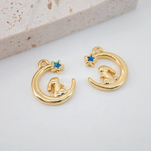Load image into Gallery viewer, Bunny &amp; Moon Charm, 18K Gold Plated Pendant, CZ Pave Animal Charm, 16.3*13.6mm, Necklace Jewelry Finding S20651