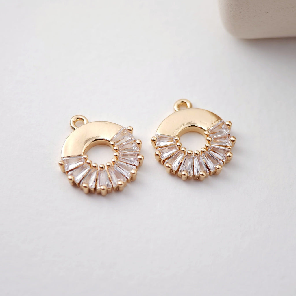 CZ Pave Circle Charm, Cubic Pendant, Earring Connectors, Real Gold Plated Brass Earring Charms, Jewelry Findings D0080