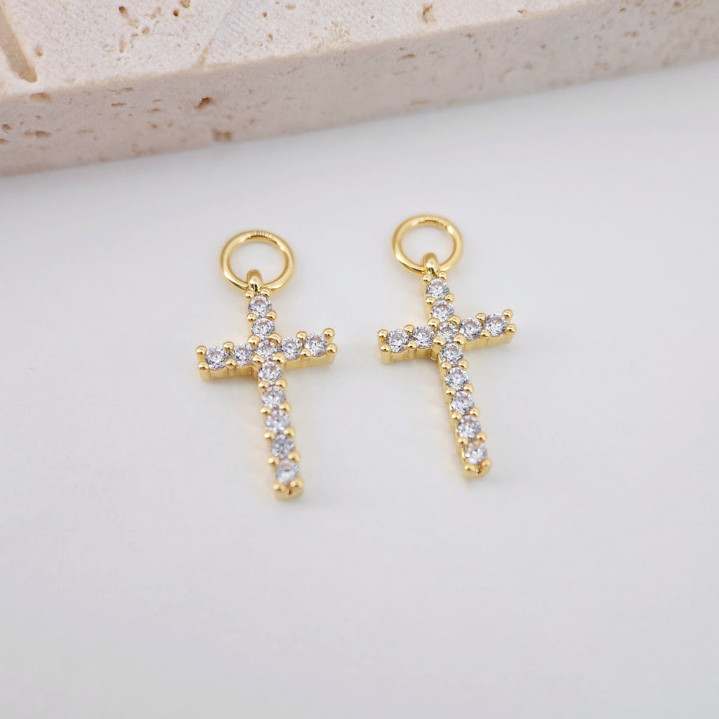 2pcs Cross Charms, Clear Cubic Pave Cross Pendant, 18K Gold Plated, Necklace Making Charms, Jewelry Findings S713