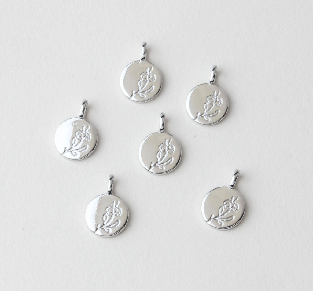 Flower Charm On Round Shape, 18K Gold/Silver Plated, Flower Pendant, Necklace Earring Making Charms, 18mm, Jewelry Findings JH022