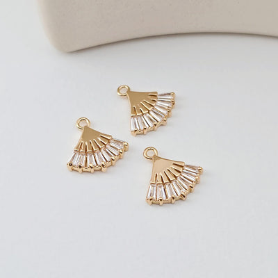 CZ Pave Fan Shape Charm, Cubic Zircon Crystal Fan Pendant, CZ Earring Charms, Real Gold Plated Earring Charms, Jewelry Findings D0289